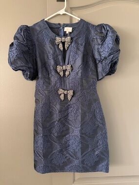 entro Navy Jacquard Mini Dress with Crystal Bow Details